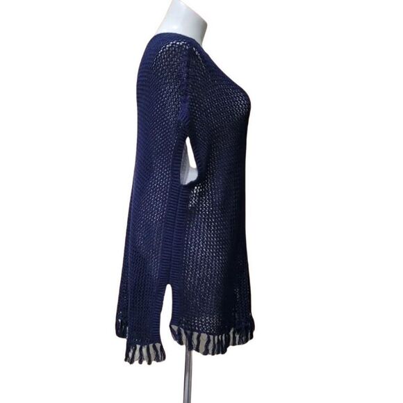 Tommy Bahama Blue Oversized Crochet Tunic Knit Fringe Kaftan Cover-Up Top‎ S/M - Picture 5 of 8